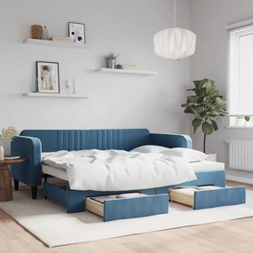 Divano letto estraibile con cassetti blu 90x200 cm in velluto