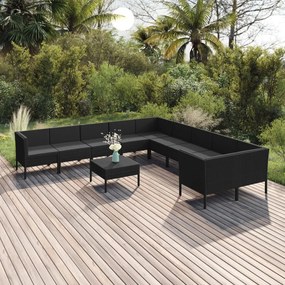 Set divani da giardino 11 pz con cuscini in polyrattan nero