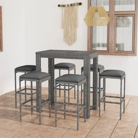 Set da bar da giardino 7 pz con cuscini in polyrattan grigio