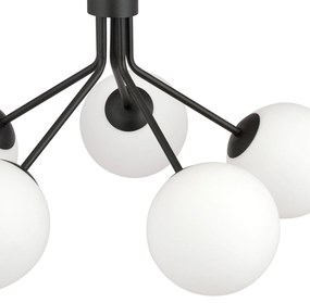 Sospensione Moderna 5 Luci Orione In Acciaio Nero E Sfere Vetro Opale