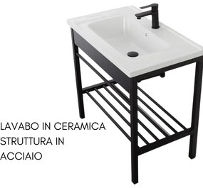 Mobile Bagno con Lavabo in Ceramica, Specchio e Sifone, Vano Portaoggetti, in Acciaio - 80 cm Nero