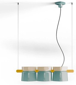 Lampadario Decò Yakitori Ceramica Crema Azzurro Metallo Giallo 3 Luci E27