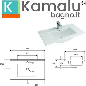 Mobile bagno sospeso 80cm con lavabo integrato e 2 cassetti TOD-80L - KAMALU