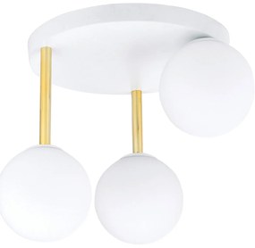 Plafoniera Contemporanea 3 Luci Teseo In Acciaio Bianco Oro E Sfere Vetro Bianco