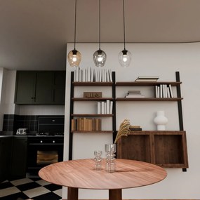 Lampadario 3 Luci Fuxi In Acciaio Nero E Vetri Ambra, Trasparente E Fumè
