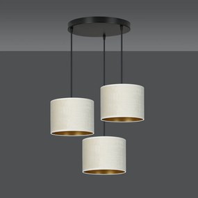 Lampadario Tondo 3 Luci Ganesha In Acciaio Nero E Paralumi In Tessuto Beige