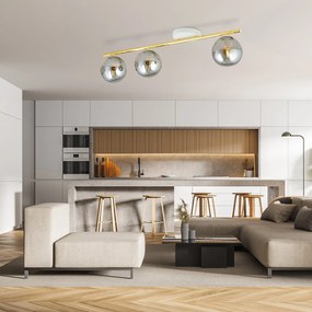 Plafoniera Contemporanea 3 Luci Achille In Acciaio Oro Bianco E Sfere Vetro Fumè