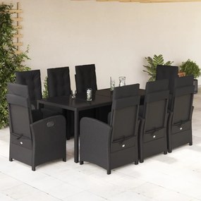 Set da pranzo da giardino 9 pz con cuscini nero in polyrattan