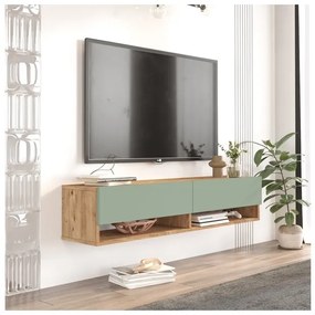 Mobile Tv Sospeso 140x32x30 Effetto Legno 2 Vani Rovere E Verde Frame