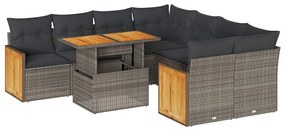 Set divano da giardino 9pz con cuscini grigio polyrattan acacia