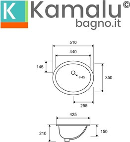 Lavabo sottopiano ovale 51cm in ceramica bianca | Litos-S650 - KAMALU