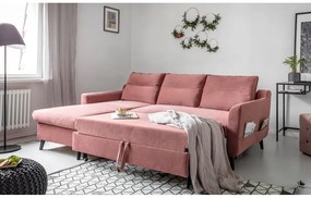 Divano letto angolare in velluto rosa, angolo sinistro Stylish Stan - Miuform
