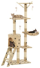 Albero Per Gatti E Tiragraffi Sisal 138 Cm Zampe Stampate Beige /