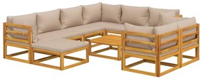 Set salotto da giardino 10pz con cuscini tortora legno massello