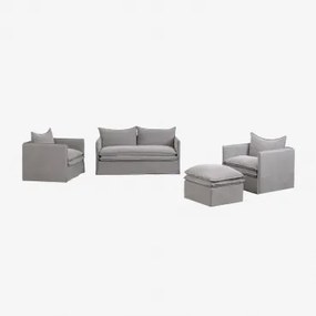 Set Da Soggiorno Grace In Lino E Cotone Con Divano 2 Posti, 2 Poltrone E Pouf Tessuto Grigio Scuro - Sklum