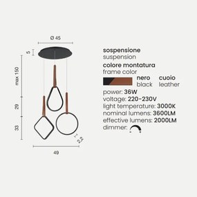 Lampada a sospensione 49 cm Led REGOLI in metallo con 3 elementi in ecopelle MIX