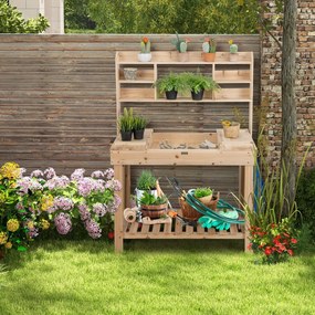 Costway Porta piante in legno con ripiani piano d’appoggio apribile ganci, Tavolo da lavoro da esterno Naturale