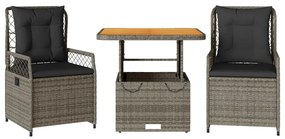 Set da pranzo da giardino 3 pz con cuscini in polyrattan grigio