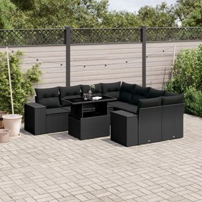 Set divani da giardino 9 pz con cuscini nero in polyrattan