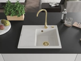 Mexen Ben lavello in granito a una vasca con scolapiatti, destro 600 x 500 mm, bianco, sifone dorato - 6523605000-20-G