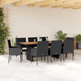 Set da pranzo da giardino 9 pz con cuscini nero in polyrattan