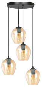 Lampadario 4 Luci Fuxi Base Tonda In Acciaio Nero E Vetri Ambra