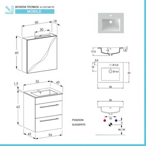 Mobile bagno sospeso 55 cm Smart olmo con lavabo e specchio contenitore