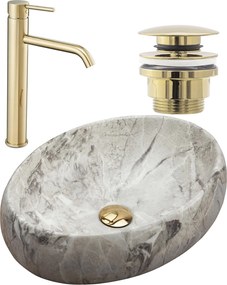 Set Lavabo da appoggio Linda stone + Rubinetto da bagno Lungo gold + Tappo gold