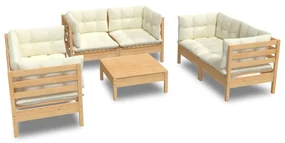 Set divani da giardino 7 pz con cuscini crema in massello di pino