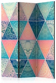 Paravento separè Triangoli orientali (3 parti) - Mandala geometrica colorata
