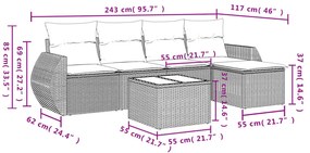 Set divano da giardino 6 pz con cuscini beige in polyrattan