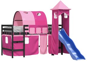 Letto a soppalco con torre bambini rosa 80x200cm massello pino