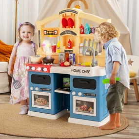 COSTWAY Cucina Giocattolo Per Bambini, Cucina Per Bambini A Doppia Faccia Con Stufa A Gas Lavello E Rubinetto Tenda Da Sole Con Suoni Per Bambini 93364719