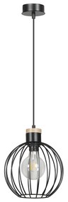 Sospensione 1 Luce Morgana Paralume A Gabbia In Acciaio Nero E Legno Naturale