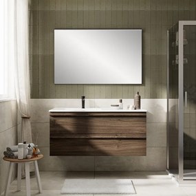 Mobile Linea L120 H55 P45 in laminato rovere cotto 2 cassetti a chiusura ammortizzata e lavabo in ceramica vasca sinitra
