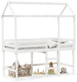 Letto Soppalco Con Scala E Tetto Bianco 80x200 Cm Massello Pino /