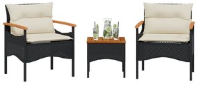 Set divani da giardino 3 pz con cuscini in polyrattan nero