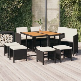 Set da pranzo per giardino 9pz con cuscini in polyrattan nero