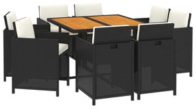 Set da pranzo per giardino 9pz con cuscini in polyrattan nero