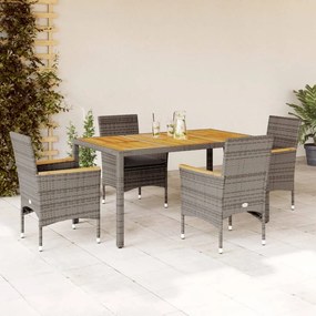 Set pranzo giardino 5 pz con cuscini grigio polyrattan acacia