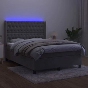 Letto a molle materasso e led grigio chiaro 140x190 cm velluto