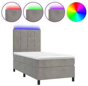 Letto a molle materasso e led grigio chiaro 90x190 cm velluto