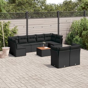 Set divani da giardino 10pz con cuscini in polyrattan nero