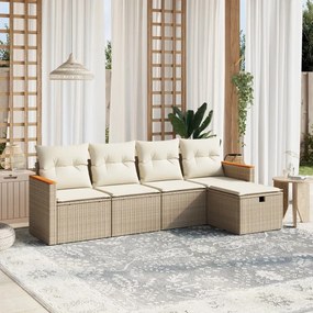 Set Divano da Giardino 5 pz con Cuscini Beige in Polyrattan