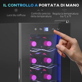 Cantinetta Vino Refrigerata per 12 Bottiglie Doppio Controllo Temperatura Ripiani Regolabili e Luci Nero...