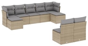 Set Divano da Giardino 9 pz con Cuscini Beige in Polyrattan