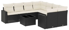 Set divani da giardino 9 pz con cuscini nero in polyrattan