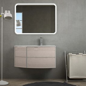 Mobile per bagno sospeso 60 cm Rovere sbiancato design curvo asimmetrico modello Rio con specchio led, lavabo a destra