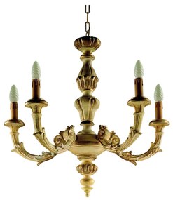 Lampadario In Legno Classico Giallo Crema Sbiancato 5 Luci Rondone