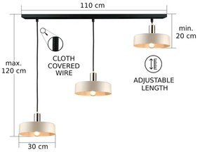 Lampadario a sospensione su cavo LATTE 3xE27/60W/230V beige/nero/oro